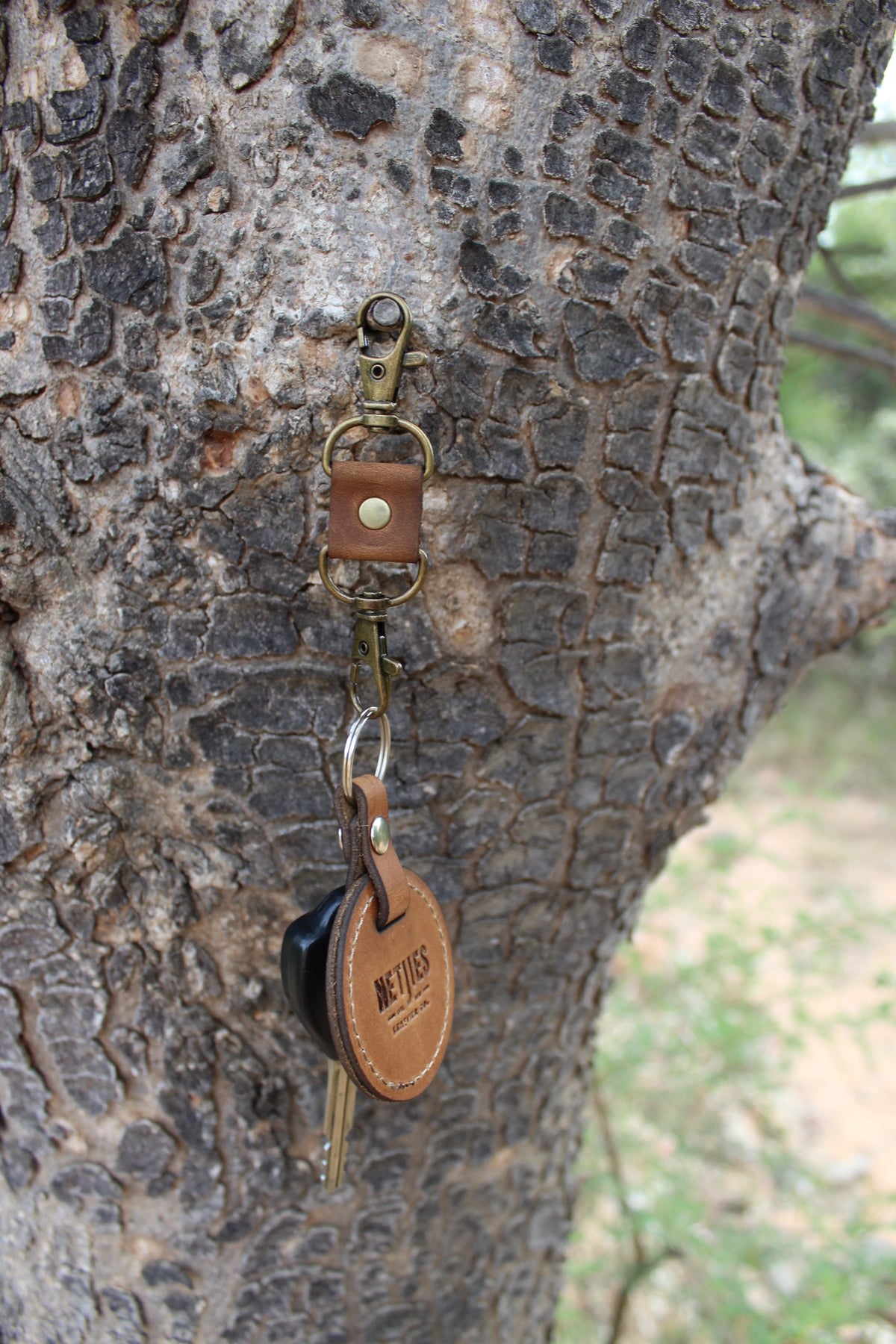 A metal key clip with a leather strap hanging from a tree.