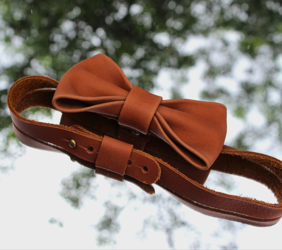 Brown leather bow tie placed on a mirror outdoors with a natural background