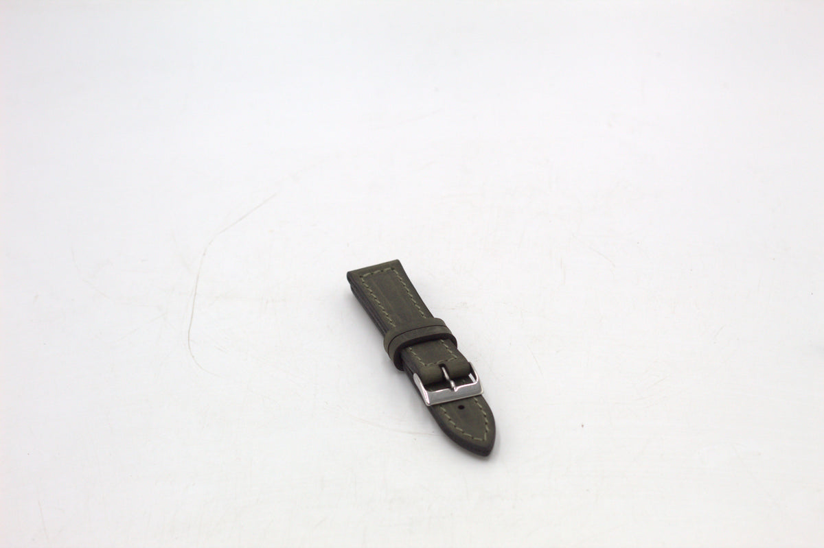 Three leather watch straps in brown, black, and green colors, displayed on a white background.
