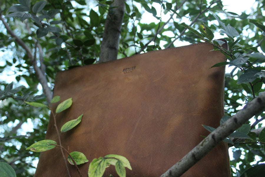A brown leather laptop sling hanging from a tree branch.