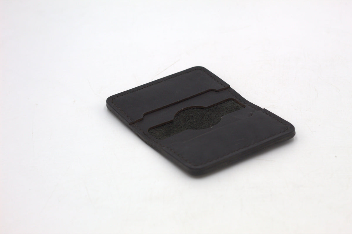 A black bi-fold wallet on a white background.