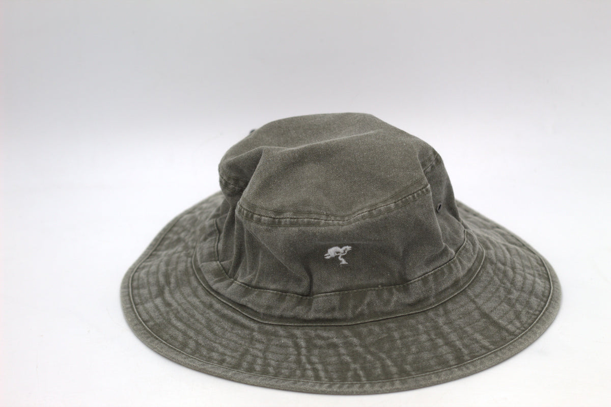 Grey bucket hat with Netjies branding on the front against a white background